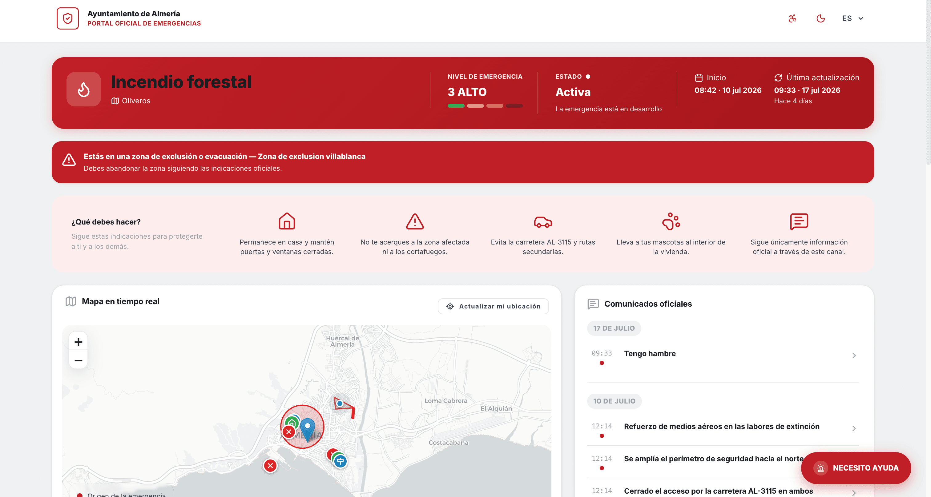 Página pública de emergencia de un ayuntamiento con nivel de alerta e indicaciones a la ciudadanía