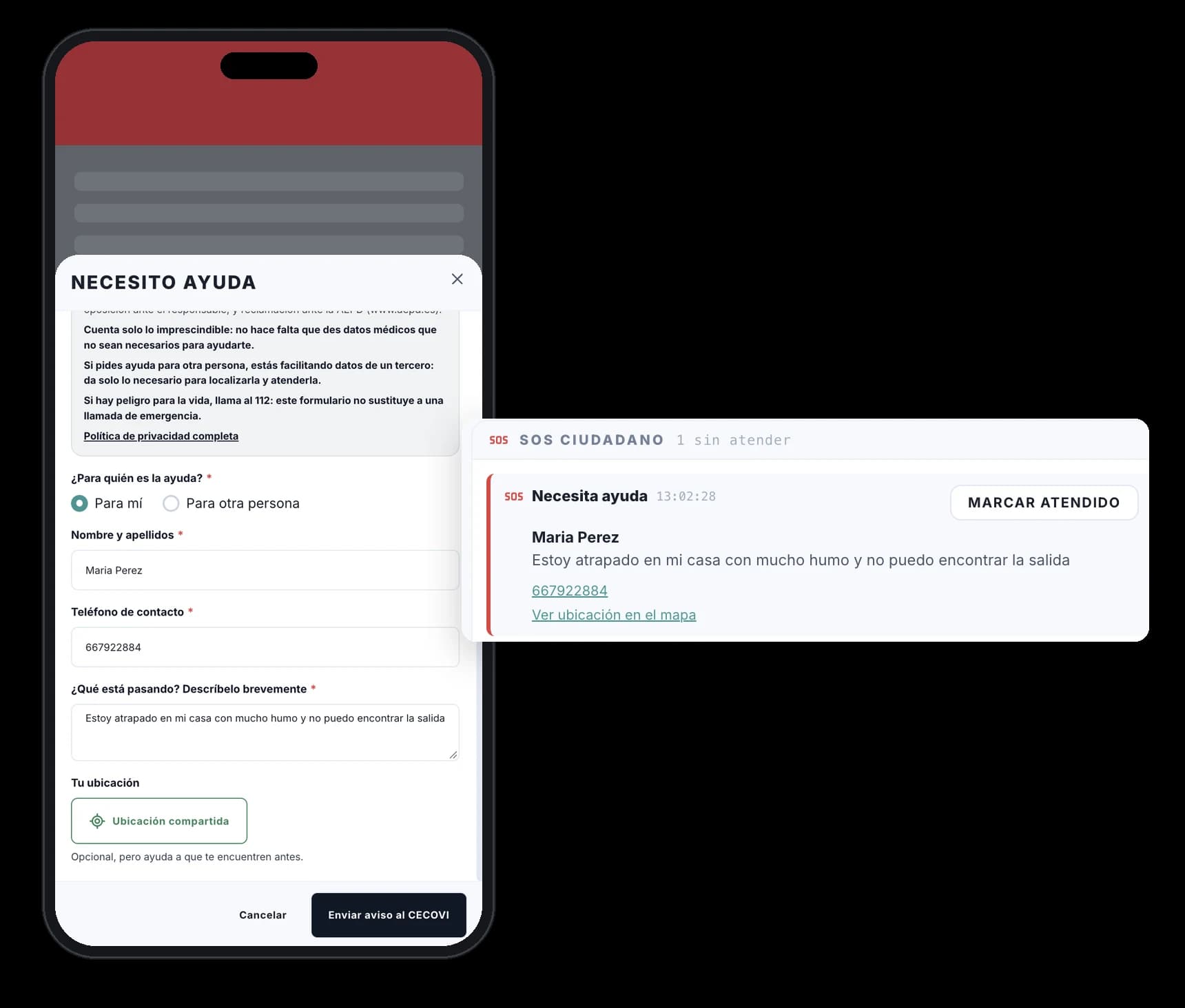 Screenshot · Citizen alert from a phone and SOS alert in the Virtual Emergency Centre