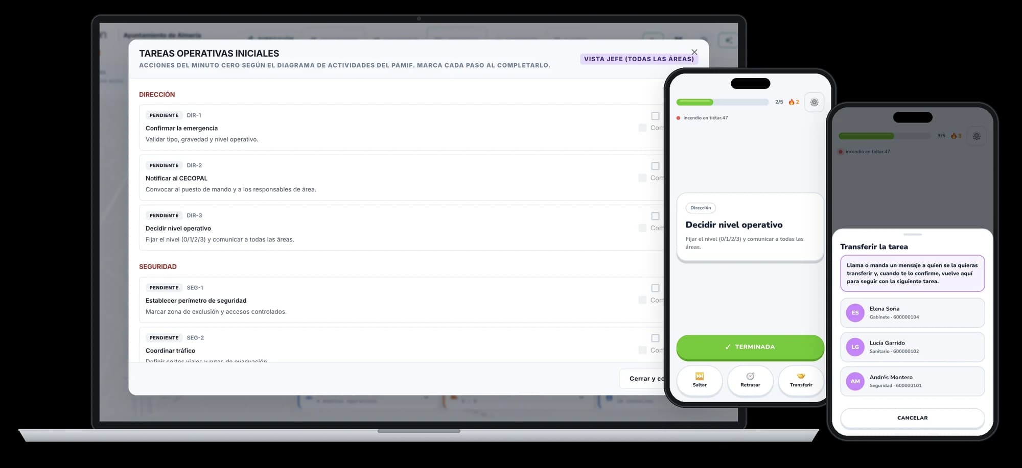 Screenshot · Minute-zero tasks in the Virtual Emergency Centre and the mobile app